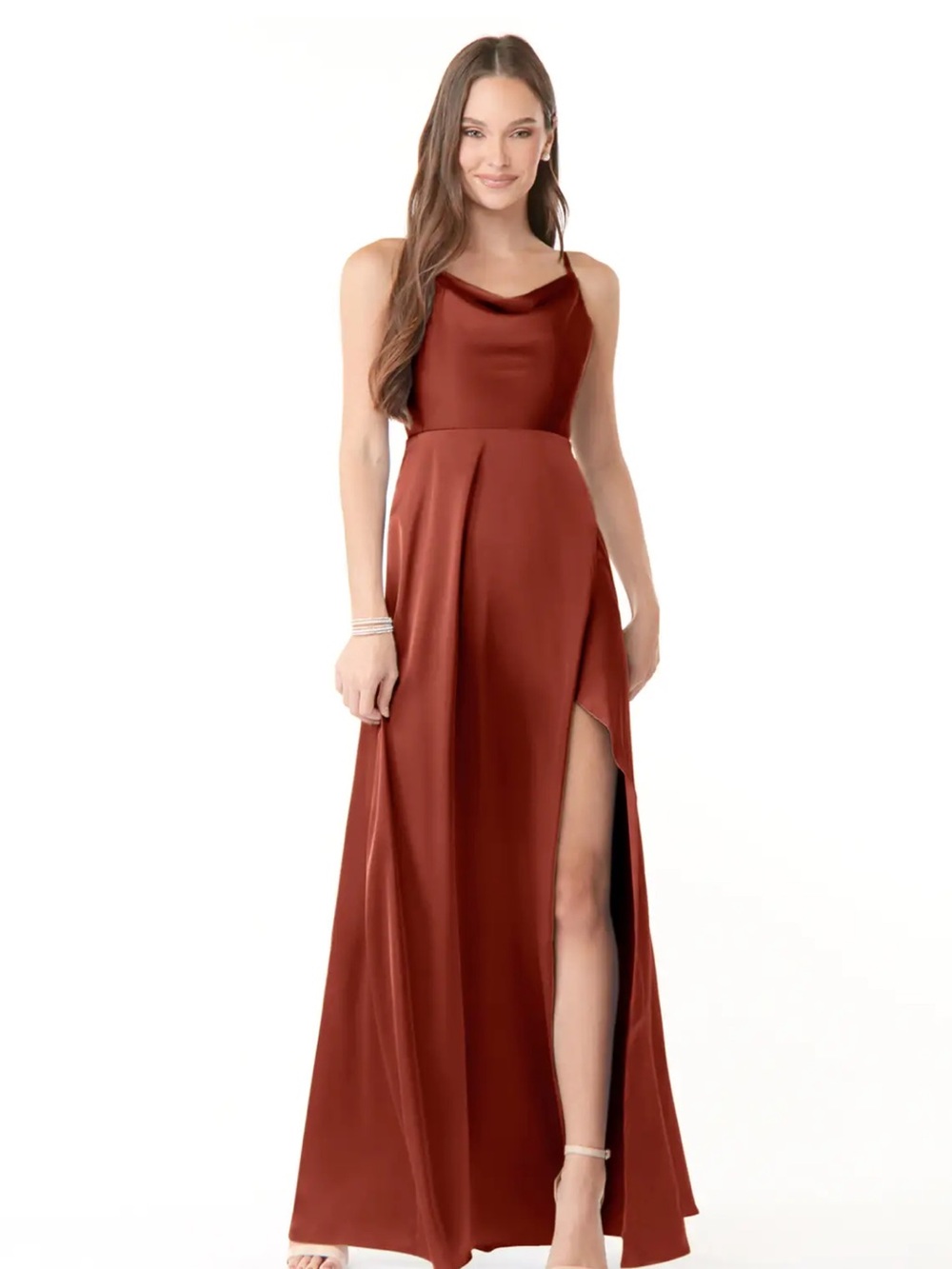 Cowl Neck Satin Evening Gown in terracotta - azazie